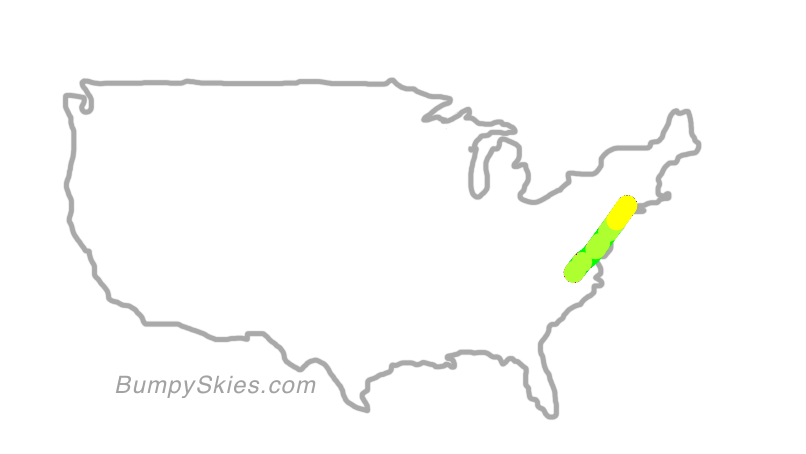 Map of continental US with illustrated flight path and turbulence forecast (described in text below)