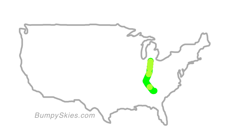 Map of continental US with illustrated flight path and turbulence forecast (described in text below)