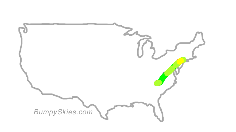 Map of continental US with illustrated flight path and turbulence forecast (described in text below)