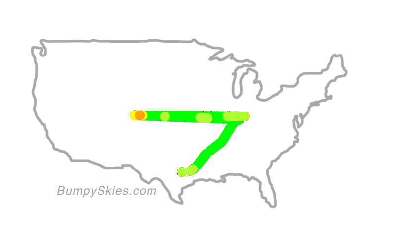 Map of continental US with illustrated flight path and turbulence forecast (described in text below)