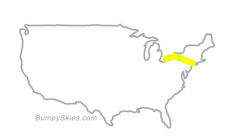 Map of continental US with illustrated flight path and turbulence forecast (described in text below)