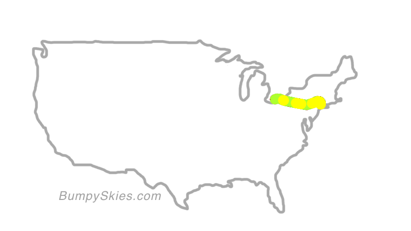 Map of continental US with illustrated flight path and turbulence forecast (described in text below)