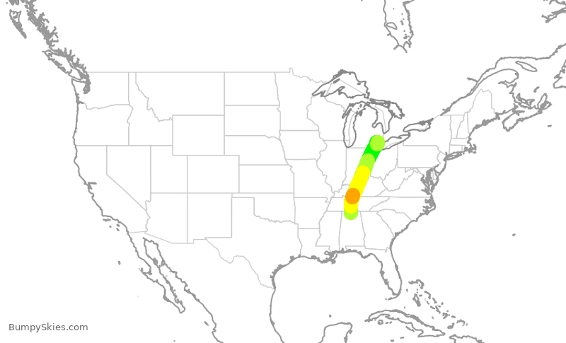 Turbulence forecast map for EDV5021, DTW to HSV