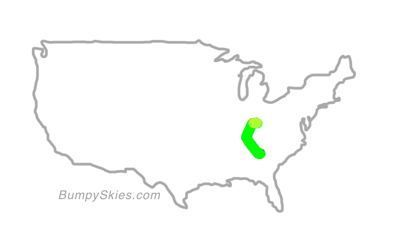 Map of continental US with illustrated flight path and turbulence forecast (described in text below)