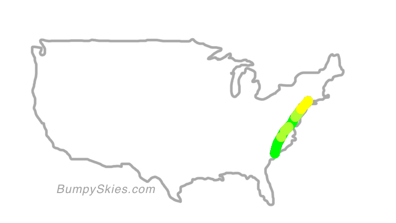Map of continental US with illustrated flight path and turbulence forecast (described in text below)