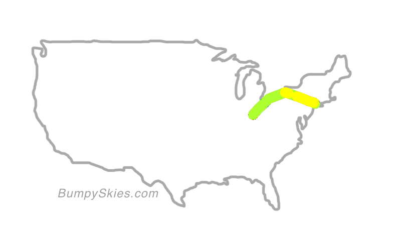 Map of continental US with illustrated flight path and turbulence forecast (described in text below)