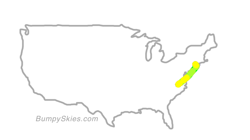 Map of continental US with illustrated flight path and turbulence forecast (described in text below)