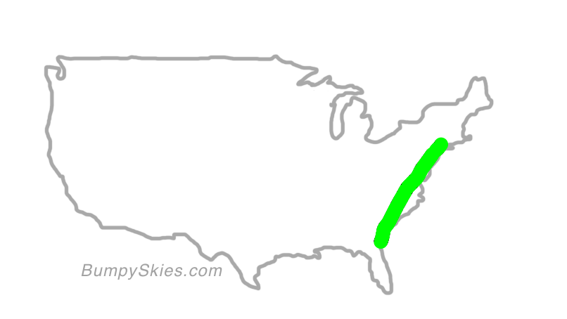 Map of continental US with illustrated flight path and turbulence forecast (described in text below)
