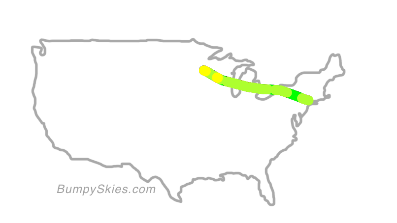 Map of continental US with illustrated flight path and turbulence forecast (described in text below)