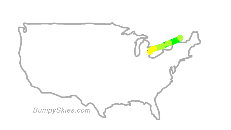 Map of continental US with illustrated flight path and turbulence forecast (described in text below)