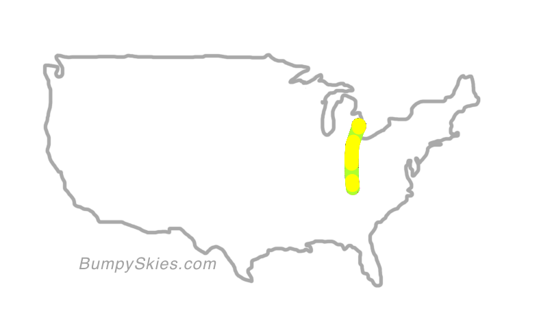 Map of continental US with illustrated flight path and turbulence forecast (described in text below)