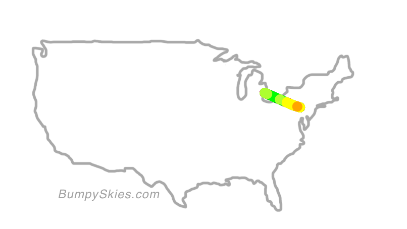Map of continental US with illustrated flight path and turbulence forecast (described in text below)