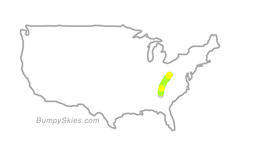 Map of continental US with illustrated flight path and turbulence forecast (described in text below)