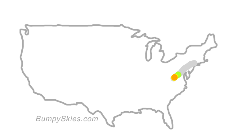 Map of continental US with illustrated flight path and turbulence forecast (described in text below)