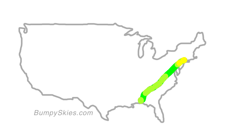 Map of continental US with illustrated flight path and turbulence forecast (described in text below)
