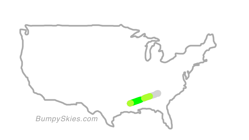 Map of continental US with illustrated flight path and turbulence forecast (described in text below)