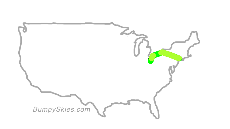 Map of continental US with illustrated flight path and turbulence forecast (described in text below)