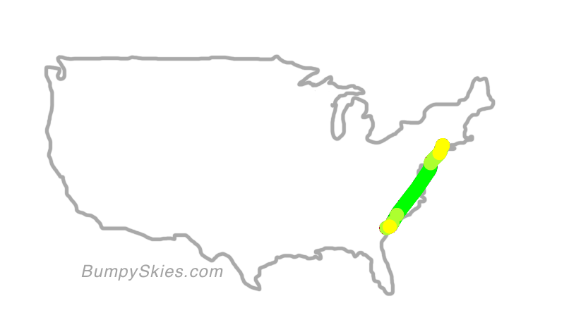 Map of continental US with illustrated flight path and turbulence forecast (described in text below)