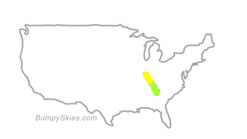 Map of continental US with illustrated flight path and turbulence forecast (described in text below)