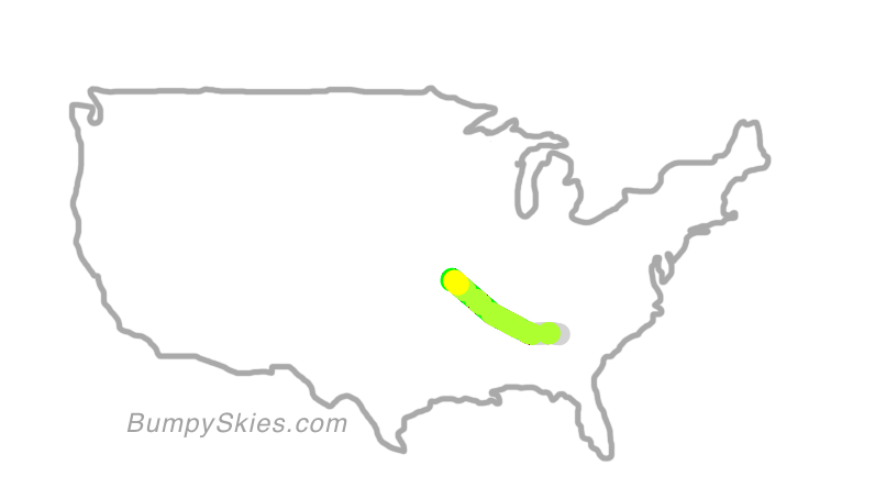 Map of continental US with illustrated flight path and turbulence forecast (described in text below)
