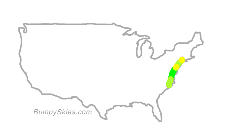 Map of continental US with illustrated flight path and turbulence forecast (described in text below)