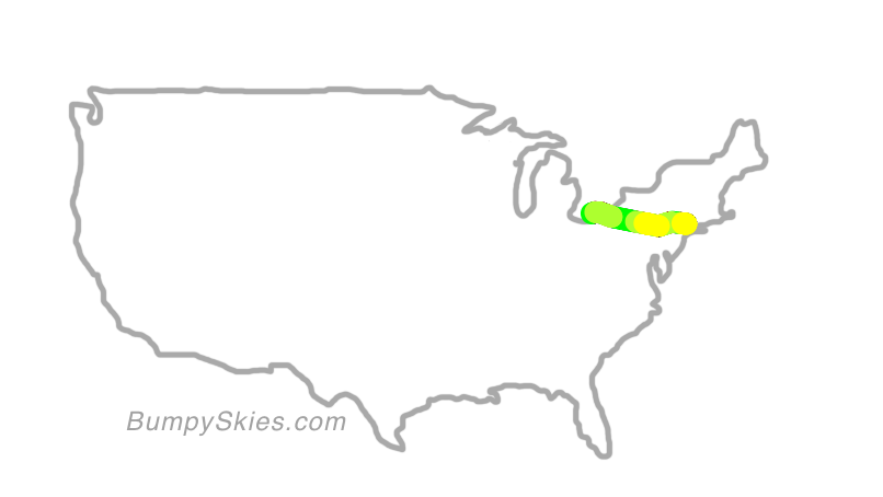 Map of continental US with illustrated flight path and turbulence forecast (described in text below)