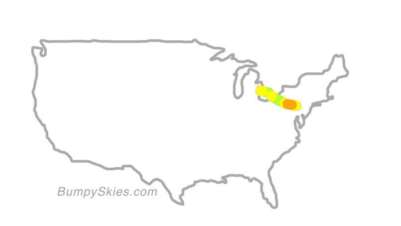 Map of continental US with illustrated flight path and turbulence forecast (described in text below)