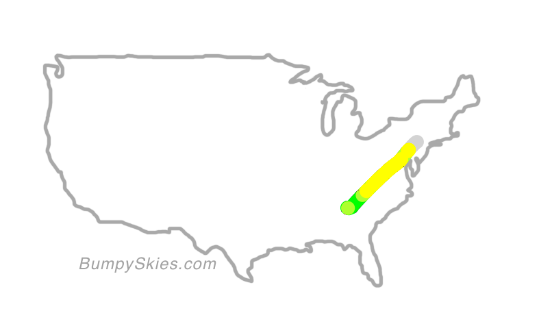 Map of continental US with illustrated flight path and turbulence forecast (described in text below)