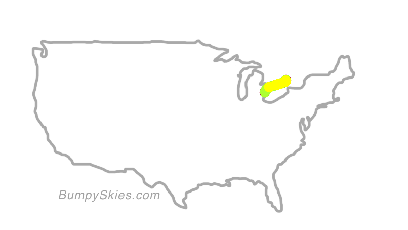 Map of continental US with illustrated flight path and turbulence forecast (described in text below)