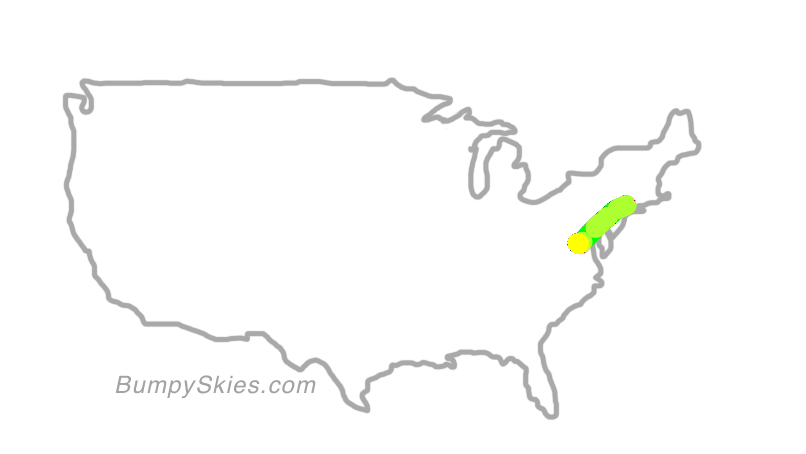Map of continental US with illustrated flight path and turbulence forecast (described in text below)