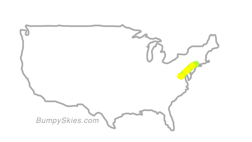 Map of continental US with illustrated flight path and turbulence forecast (described in text below)