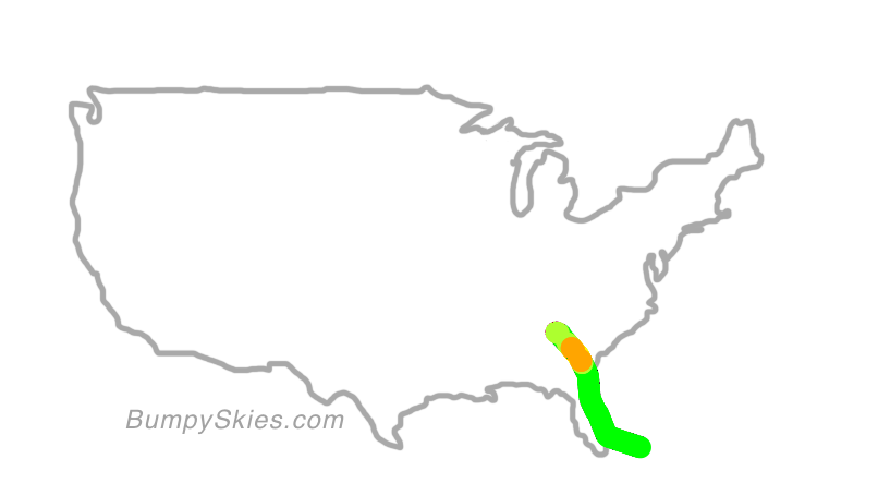 Map of continental US with illustrated flight path and turbulence forecast (described in text below)