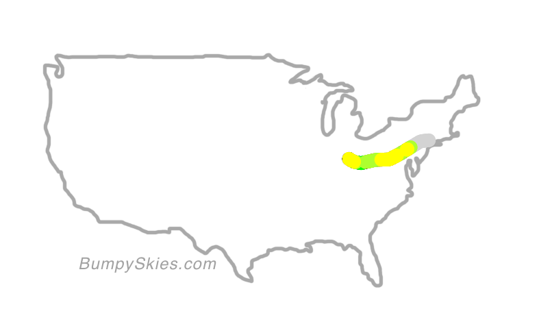 Map of continental US with illustrated flight path and turbulence forecast (described in text below)