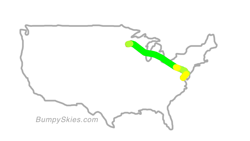 Map of continental US with illustrated flight path and turbulence forecast (described in text below)