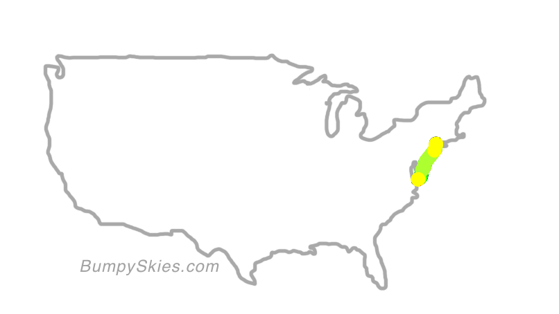 Map of continental US with illustrated flight path and turbulence forecast (described in text below)