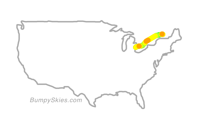 Map of continental US with illustrated flight path and turbulence forecast (described in text below)