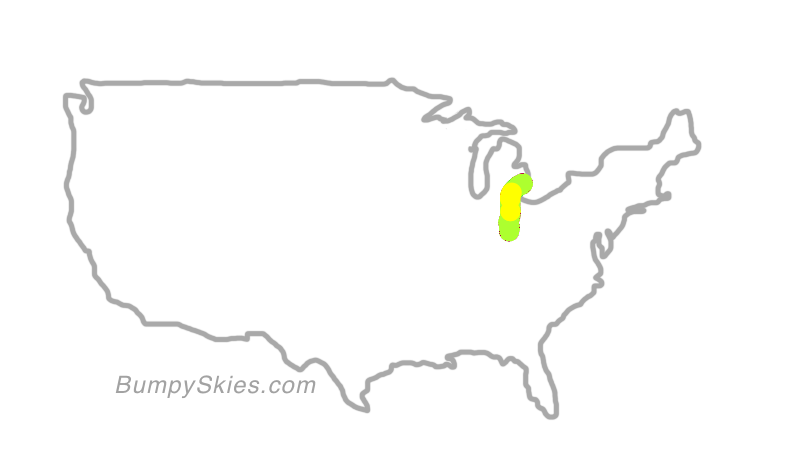 Map of continental US with illustrated flight path and turbulence forecast (described in text below)