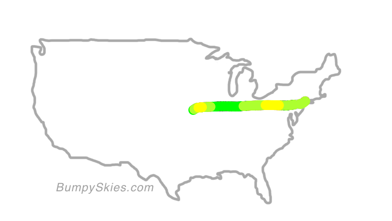 Map of continental US with illustrated flight path and turbulence forecast (described in text below)