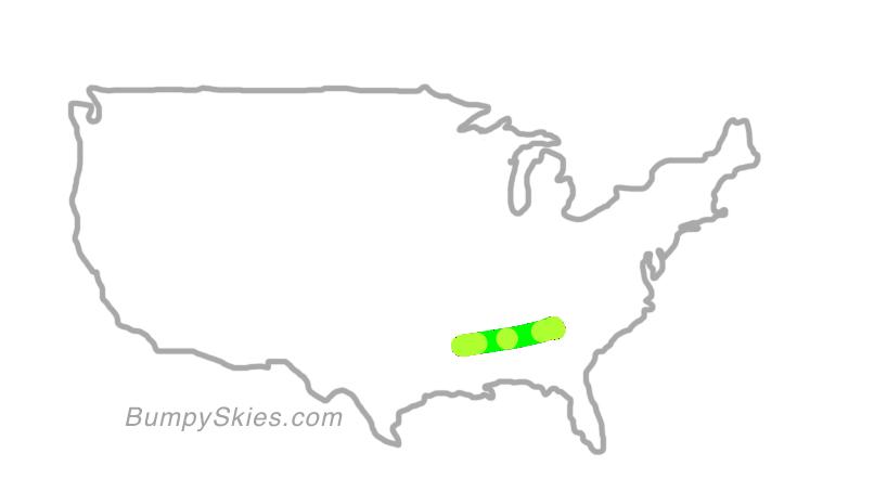 Map of continental US with illustrated flight path and turbulence forecast (described in text below)