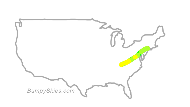 Map of continental US with illustrated flight path and turbulence forecast (described in text below)