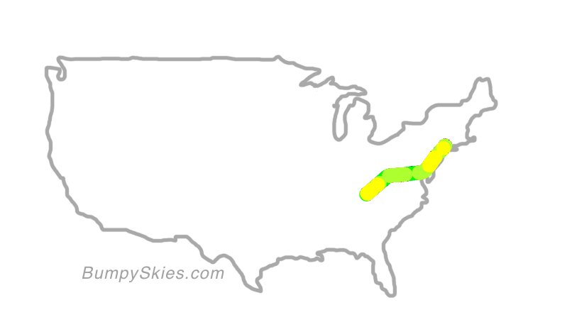 Map of continental US with illustrated flight path and turbulence forecast (described in text below)