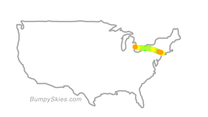 Map of continental US with illustrated flight path and turbulence forecast (described in text below)