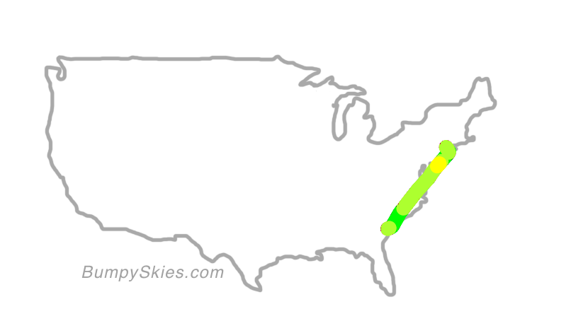 Map of continental US with illustrated flight path and turbulence forecast (described in text below)