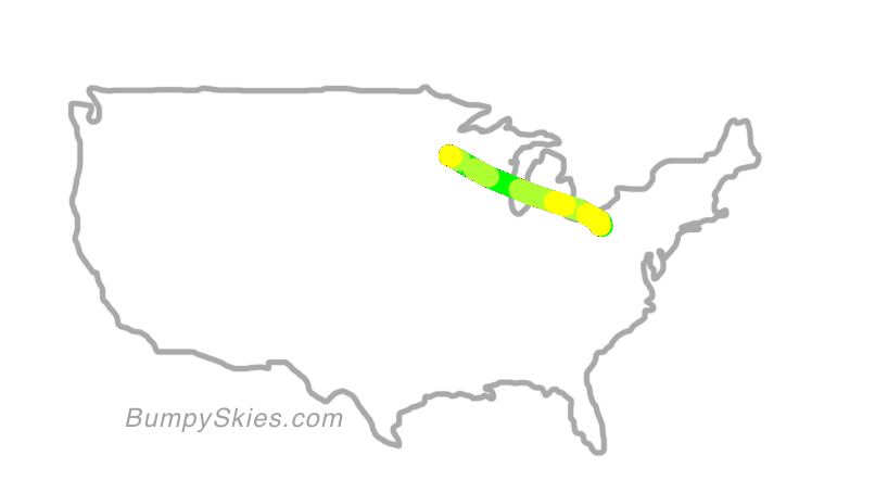 Map of continental US with illustrated flight path and turbulence forecast (described in text below)