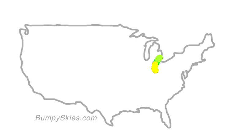 Map of continental US with illustrated flight path and turbulence forecast (described in text below)