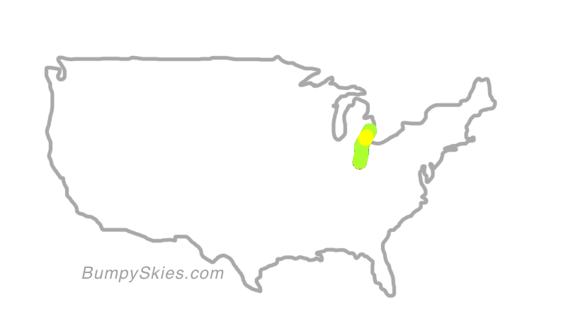 Map of continental US with illustrated flight path and turbulence forecast (described in text below)