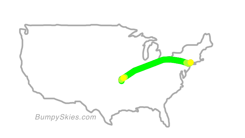 Map of continental US with illustrated flight path and turbulence forecast (described in text below)