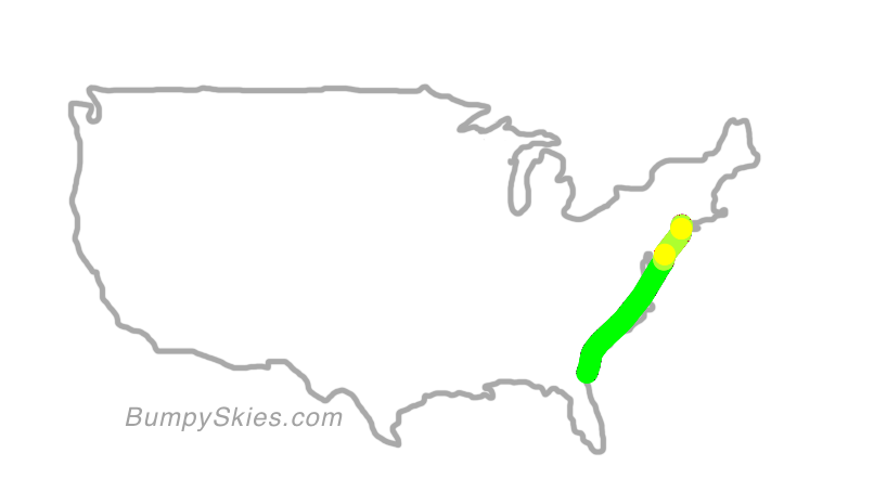 Map of continental US with illustrated flight path and turbulence forecast (described in text below)
