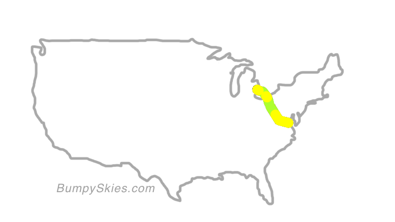 Map of continental US with illustrated flight path and turbulence forecast (described in text below)