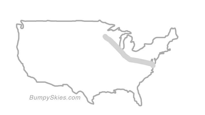 Map of continental US with illustrated flight path and turbulence forecast (described in text below)